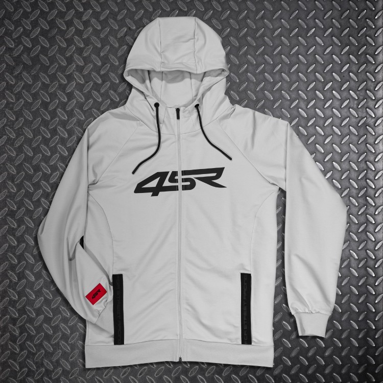 4SR mikina s kapucí Hoodie Logo Zip Grey položená na plechu