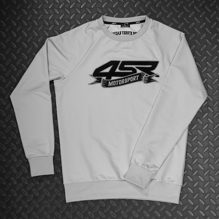 4SR mikina Motorsport Flag Grey rozložená na plechu